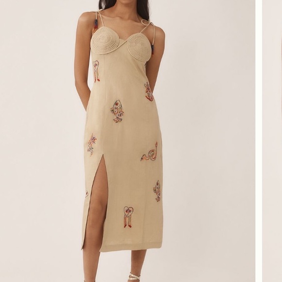 New FARM Rio x Anthropologie Fish Embroidered Beige Linen Midi Dress - Picture 1 of 4